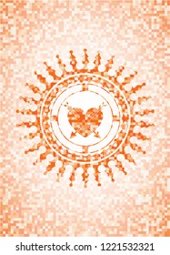 heart with two arrows icon inside abstract emblem, orange mosaic background