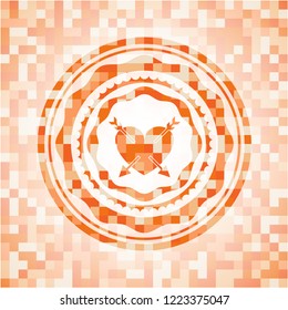 heart with two arrows icon inside orange mosaic emblem with background
