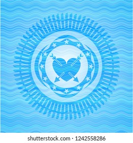 heart with two arrows icon inside water wave style badge.