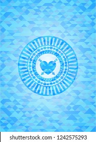 heart with two arrows icon inside light blue emblem. Mosaic background