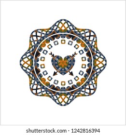 heart with two arrows icon inside arabic style badge. Arabesque decoration.