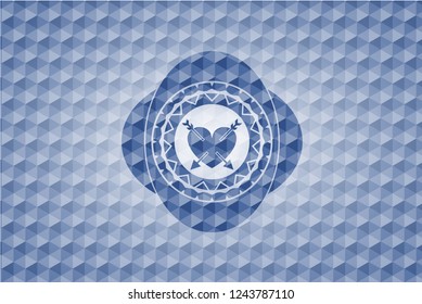 heart with two arrows icon inside blue emblem or badge with geometric pattern background.
