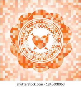 heart with two arrows icon inside orange tile background illustration. Square geometric mosaic seamless pattern with emblem inside.