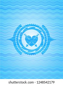 heart with two arrows icon inside sky blue water style emblem.