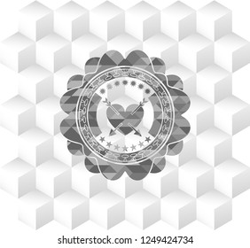 heart with two arrows icon inside grey emblem with cube white background