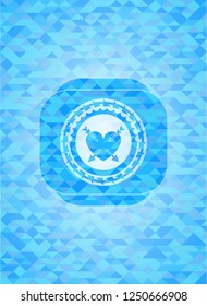 heart with two arrows icon inside sky blue emblem with mosaic ecological style background