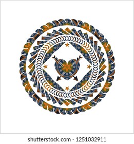 heart with two arrows icon inside arabic emblem background. Arabesque decoration.