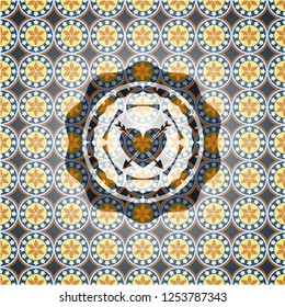 heart with two arrows icon inside arabic emblem. Arabesque decoration.