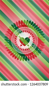 heart with two arrows icon inside christmas colors emblem.