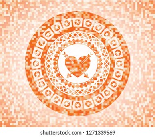 heart with two arrows icon inside orange tile background illustration. Square geometric mosaic seamless pattern with emblem inside.