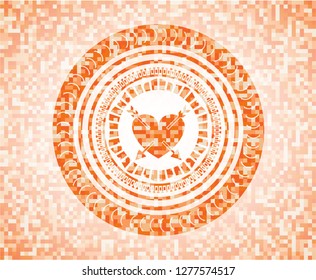heart with two arrows icon inside abstract orange mosaic emblem