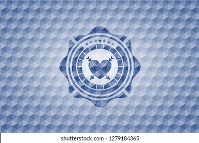 heart with two arrows icon inside blue emblem or badge with geometric pattern background.