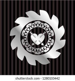 heart with two arrows icon inside silver shiny badge