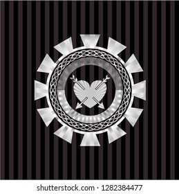 heart with two arrows icon inside silver badge or emblem