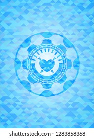 heart with two arrows icon inside sky blue emblem with mosaic ecological style background