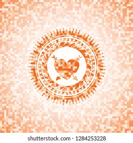 heart with two arrows icon inside abstract orange mosaic emblem with background