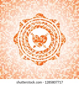 heart with two arrows icon inside abstract orange mosaic emblem with background
