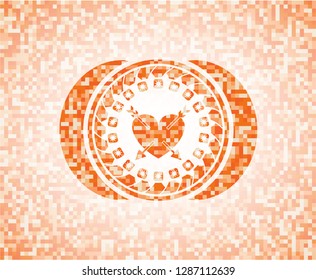 heart with two arrows icon inside abstract orange mosaic emblem with background