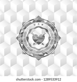 heart with two arrows icon inside realistic grey emblem with geometric cube white background
