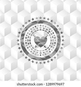 heart with two arrows icon inside realistic grey emblem with cube white background