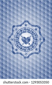 heart with two arrows icon inside blue emblem or badge with abstract geometric pattern background.