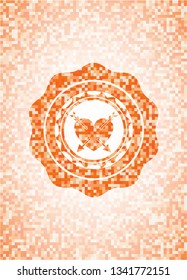 heart with two arrows icon inside orange tile background illustration. Square geometric mosaic seamless pattern with emblem inside.