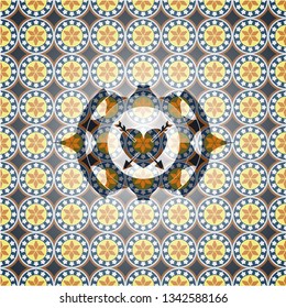 heart with two arrows icon inside arabesque badge background. arabic decoration.