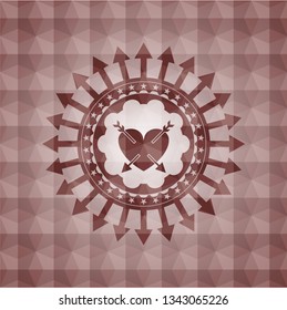 heart with two arrows icon inside red badge with geometric background. Seamless.