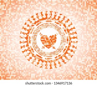 heart with two arrows icon inside orange mosaic emblem with background
