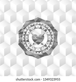 heart with two arrows icon inside realistic grey emblem with cube white background