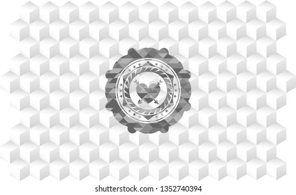 heart with two arrows icon inside grey emblem. Vintage with geometric cube white background