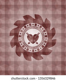 heart with two arrows icon inside red badge with geometric pattern background. Seamless.