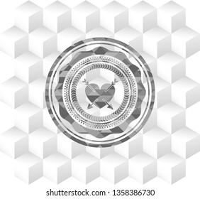 heart with two arrows icon inside grey emblem with cube white background