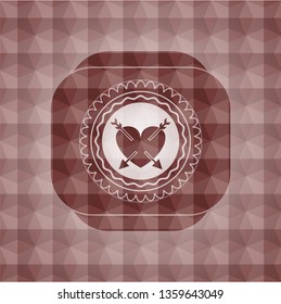 heart with two arrows icon inside red badge with geometric pattern background. Seamless.