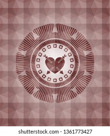 heart with two arrows icon inside red badge with geometric background. Seamless.
