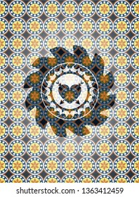 heart with two arrows icon inside arabic badge. Arabesque decoration.