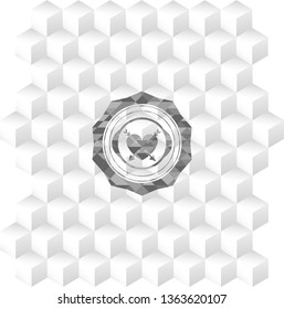 heart with two arrows icon inside realistic grey emblem with geometric cube white background
