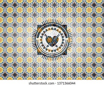 heart with two arrows icon inside arabesque style badge. arabic decoration.