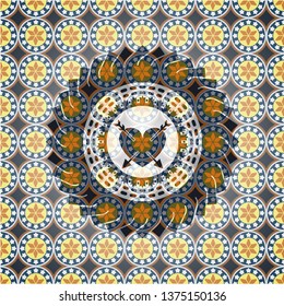 heart with two arrows icon inside arabic badge. Arabesque decoration.