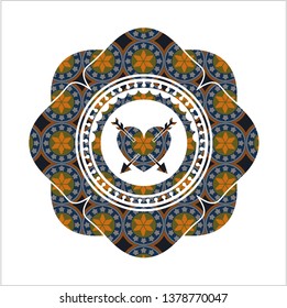 heart with two arrows icon inside arabic badge. Arabesque decoration.