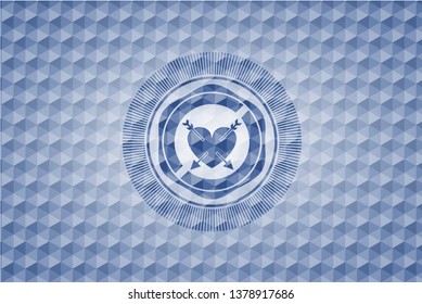 heart with two arrows icon inside blue badge with geometric pattern.