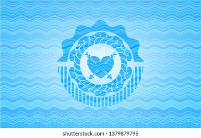 heart with two arrows icon inside sky blue water emblem background.