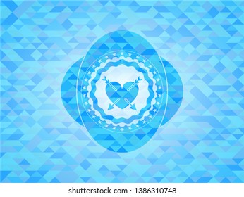 heart with two arrows icon inside sky blue emblem with triangle mosaic background