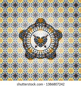 heart with two arrows icon inside arabic badge. Arabesque decoration.