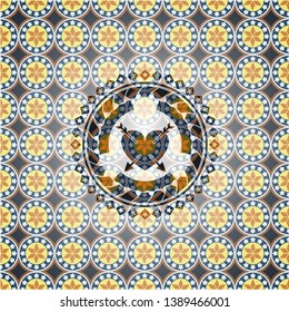 heart with two arrows icon inside arabic emblem background. Arabesque decoration.