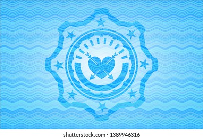 heart with two arrows icon inside water concept style badge.