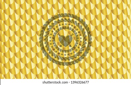 heart with two arrows icon inside gold shiny emblem. Scales pattern. Vector Illustration. Detailed.