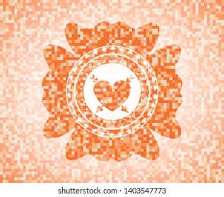 heart with two arrows icon inside abstract orange mosaic emblem with background