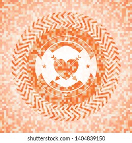 heart with two arrows icon inside orange tile background illustration. Square geometric mosaic seamless pattern with emblem inside.