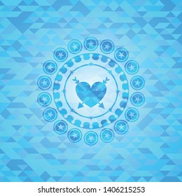heart with two arrows icon inside sky blue emblem with triangle mosaic background